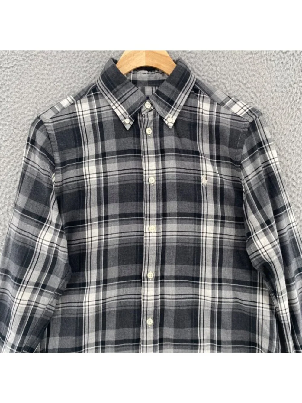 Ralph Lauren Shirt Boys Medium Gray Plaid Flannel Button Up Collar Long Sleeve